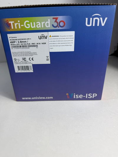 The back of a blue Uniview UniV Tri-Guard 30 display panel enclosure box, showing product specifications, barcodes, and branding.