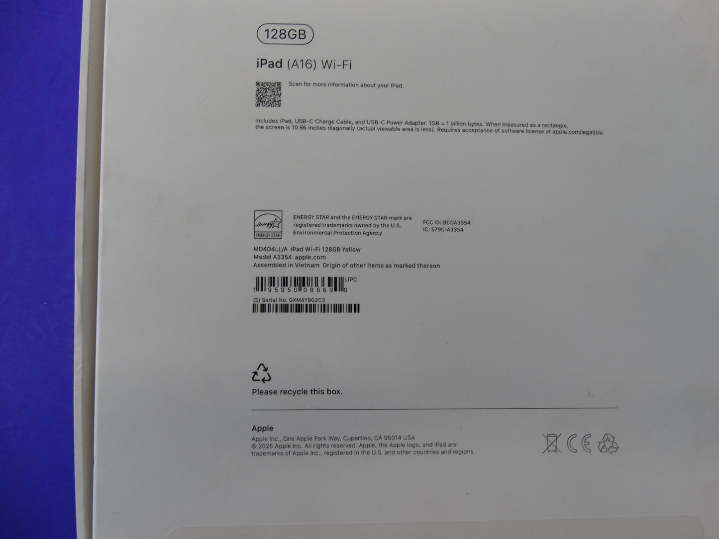 Apple iPad (10th Gen) A3354 β 10.9" Display, 128GB, Wi-Fi, Yellow (Model M04DLL/A)