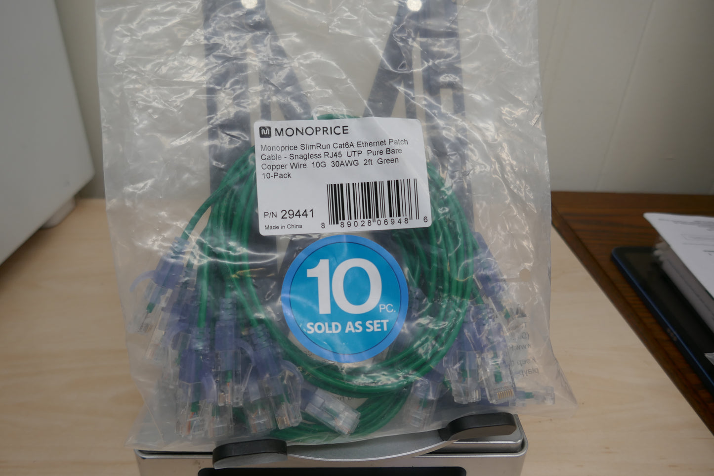 Monoprice Cat6A SlimRun 2ft Ethernet Cables (10-Pack, Green) – 10Gbps, UTP, 30AWG Bare Copper