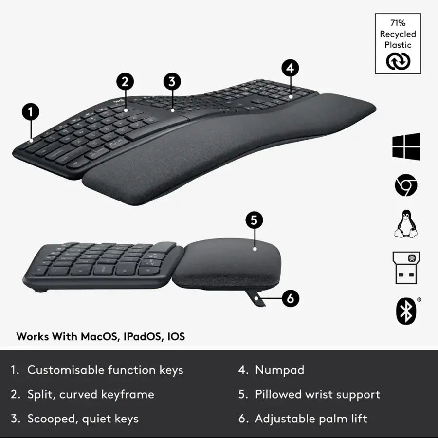 Logitech ERGO K860 Ergonomic Wireless Keyboard – Split Design, Palm Rest, Windows/Mac Compatible – Black