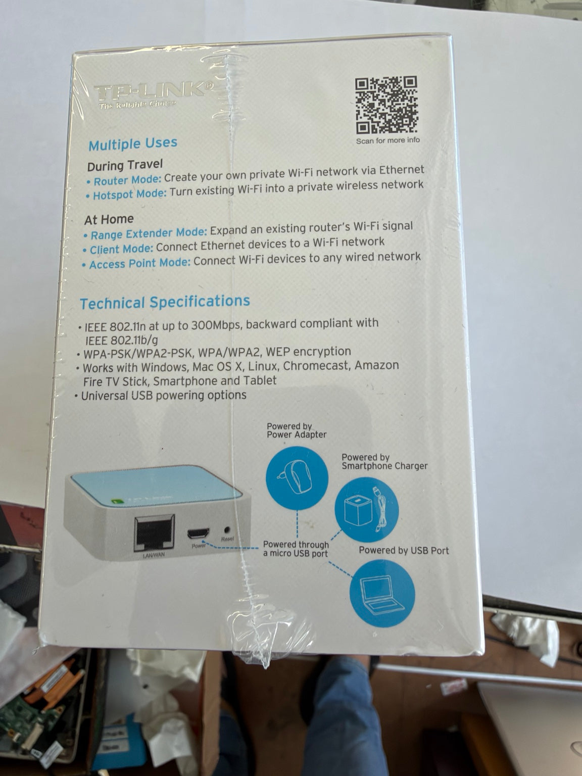 TP-Link TL-WR802N 300Mbps travel router specifications with Ethernet LAN WAN port and micro USB power