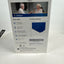 The back of a white retail box for a Bluetooth headset, showing printed features, a fitting range chart, barcode, and a small product photo near the top. The box is photographed standing on a white surface.