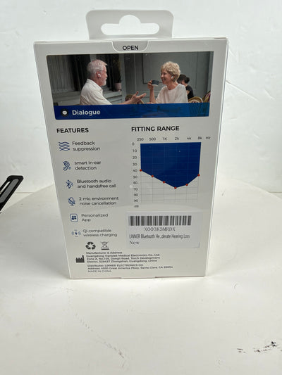 The back of a white retail box for a Bluetooth headset, showing printed features, a fitting range chart, barcode, and a small product photo near the top. The box is photographed standing on a white surface.