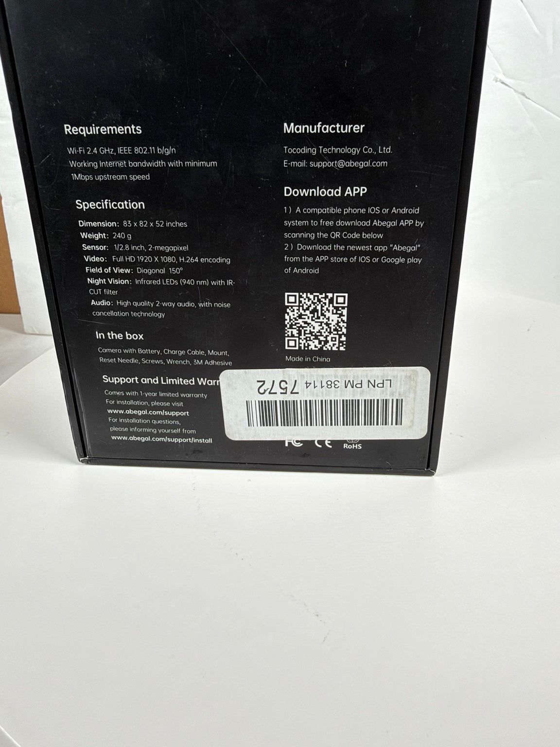 Abegal S Camera Retail Packaging with Product Features and Technical Specifications