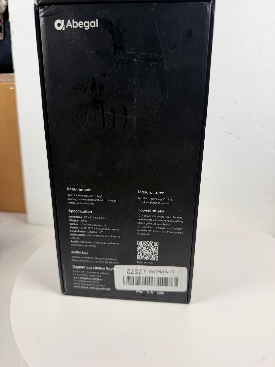 Abegal S Wireless Security Camera Original Box Rear View and Specifications