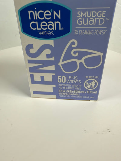 A box of Nice 'N Clean Lenses Smudge Guard 3X Cleaning Power lens wipes, containing 50 wipes, shown on a white surface.