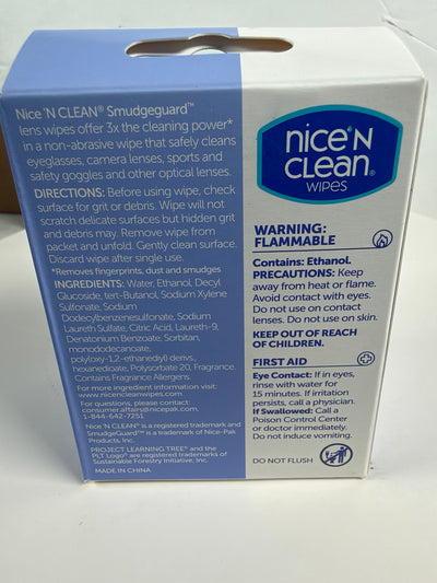 A box of Nice 'N Clean Smudgeguard lens wipes with blue and white packaging, photographed on a white background.