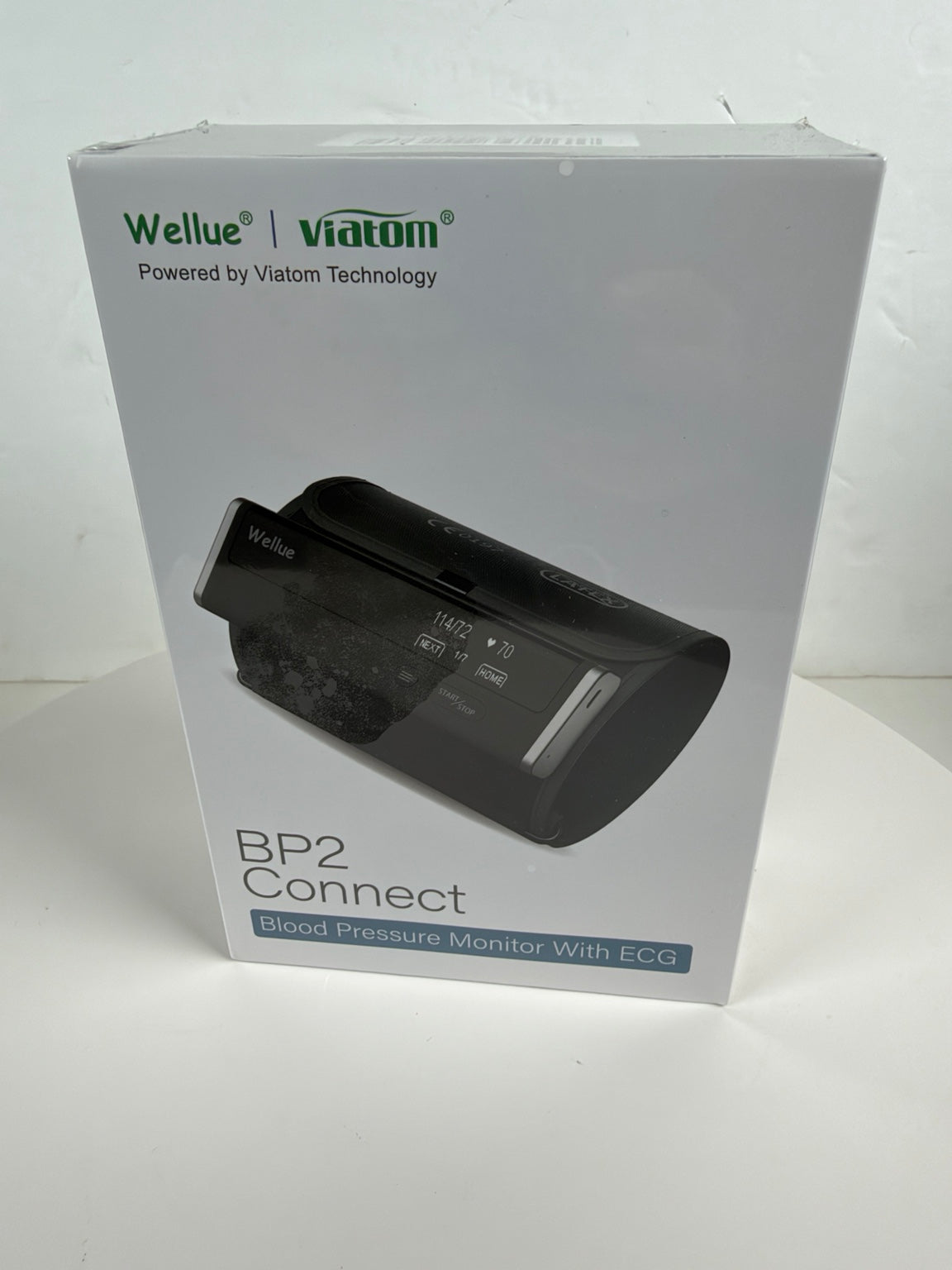 Wellue Viatom BP2 Connect blood pressure monitor retail box, showing the product photo and branding on a white background.