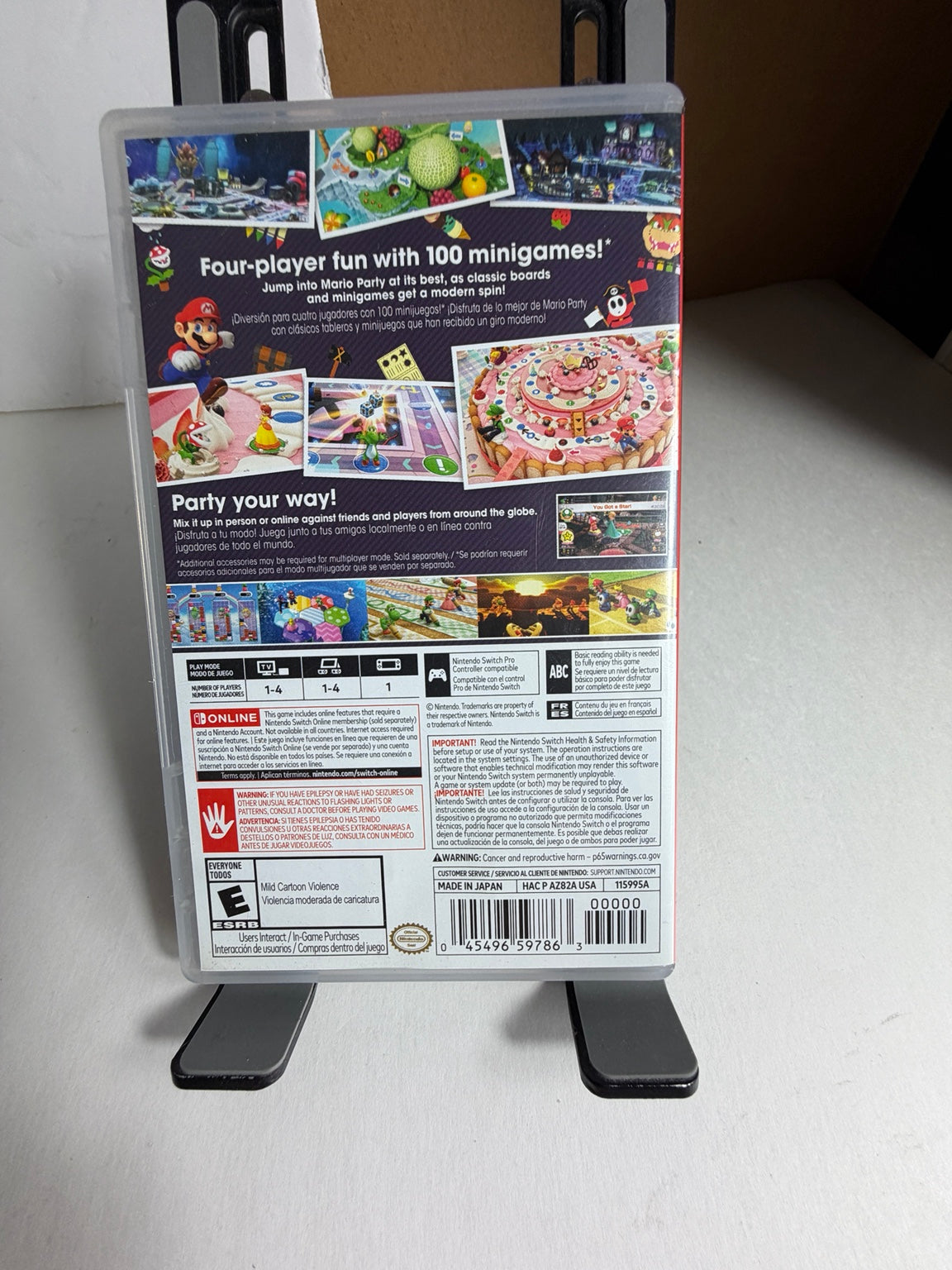 Mario Party Superstars Nintendo Switch game case back cover showing 100 minigames and multiplayer features