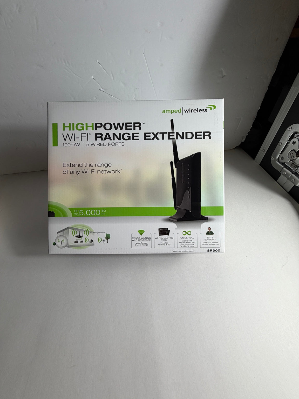 Amped Wireless original green retail packaging for SR300 High Power N300 Wireless Range Extender.