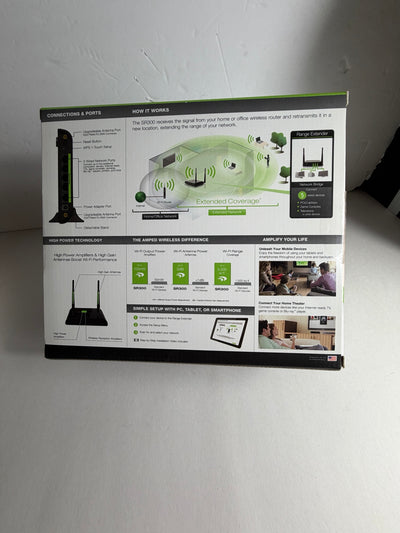 Amped Wireless SR300 WiFi Range Extender back packaging showing dual antennas, five wired Ethernet ports, network bridge and setup instructions.