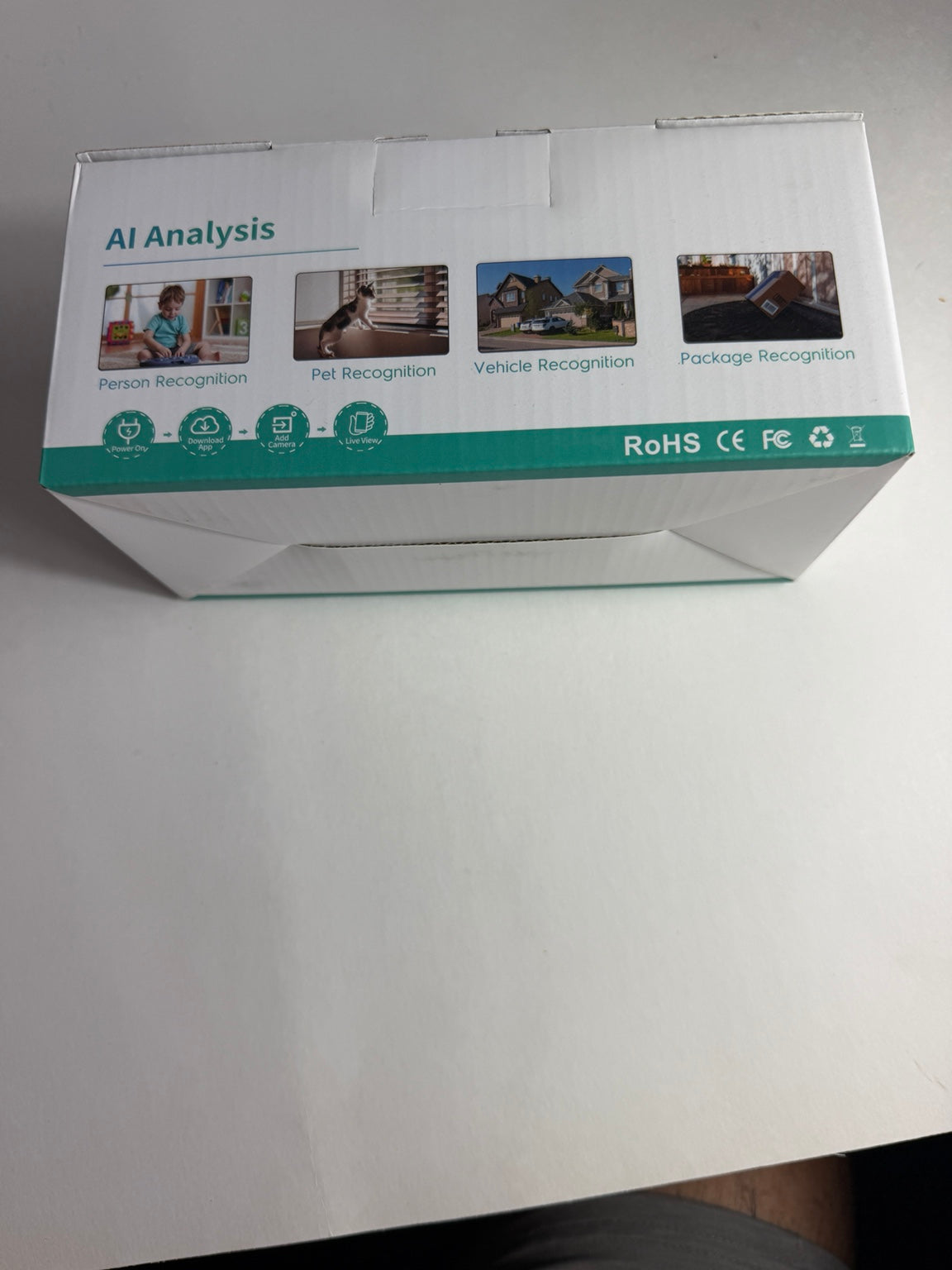 A white product box with teal accents and text reading 'AI Analysis,' shown on a white surface. The box includes small feature images and certification marks such as RoHS and CE.