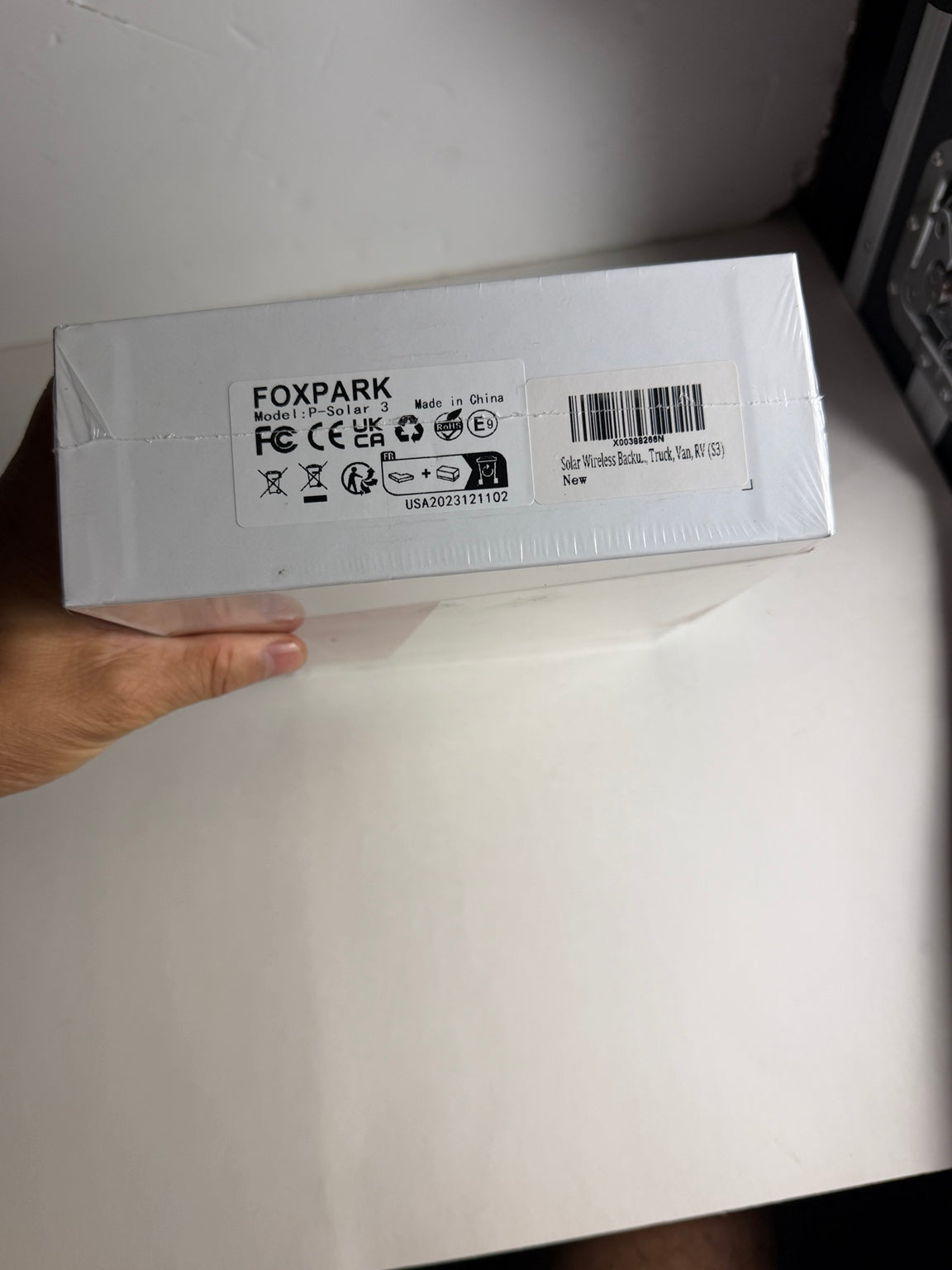 Foxpark P-Solar 3 solar wireless backup camera model identification and barcode label