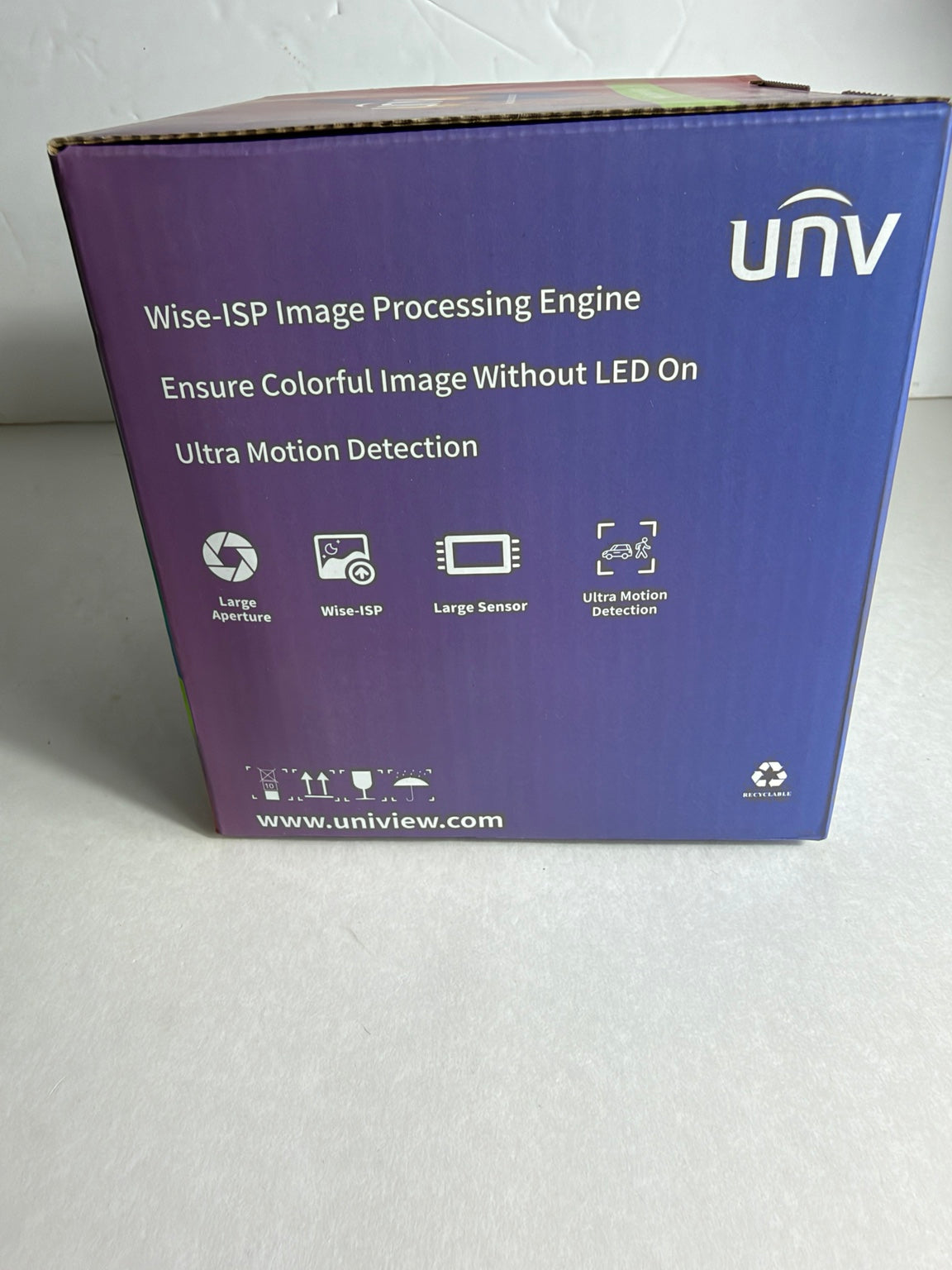 A purple and blue product box for the uniview Wise-ISP Image Processing Engine, featuring white text and product feature icons on a light gray surface.
