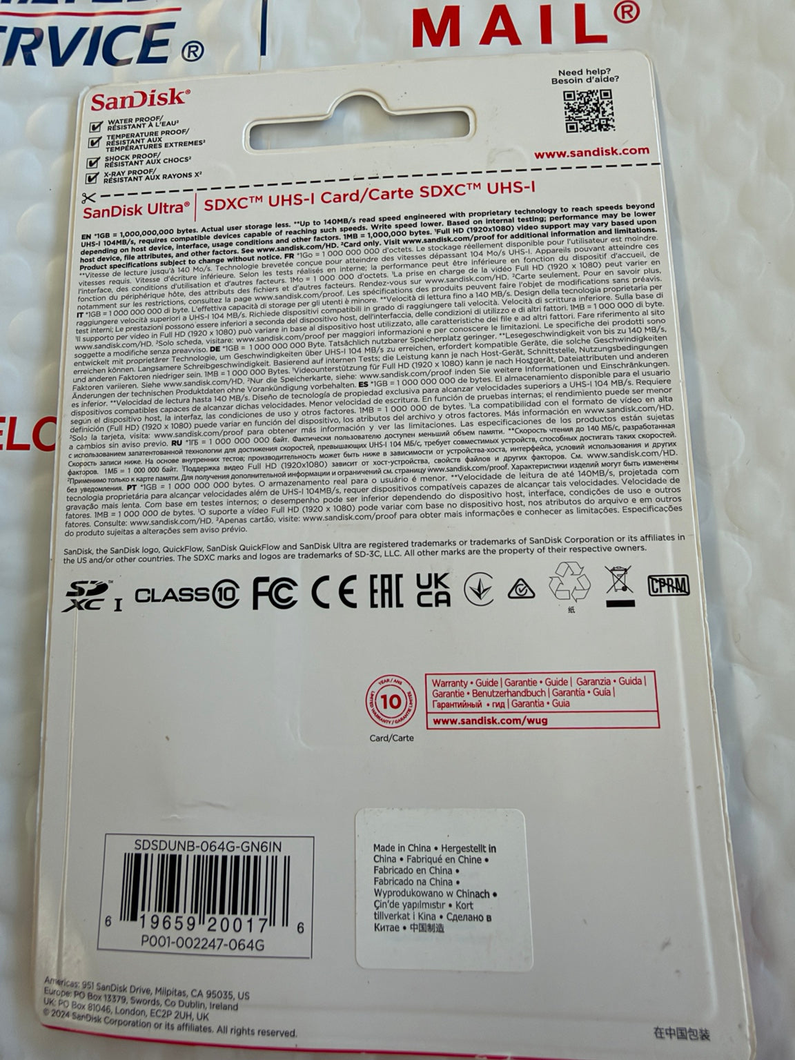 SanDisk Ultra 64GB SDXC UHS-I 140MB/s Memory Card SDSDUNB-064G-GN6IN Back Packaging