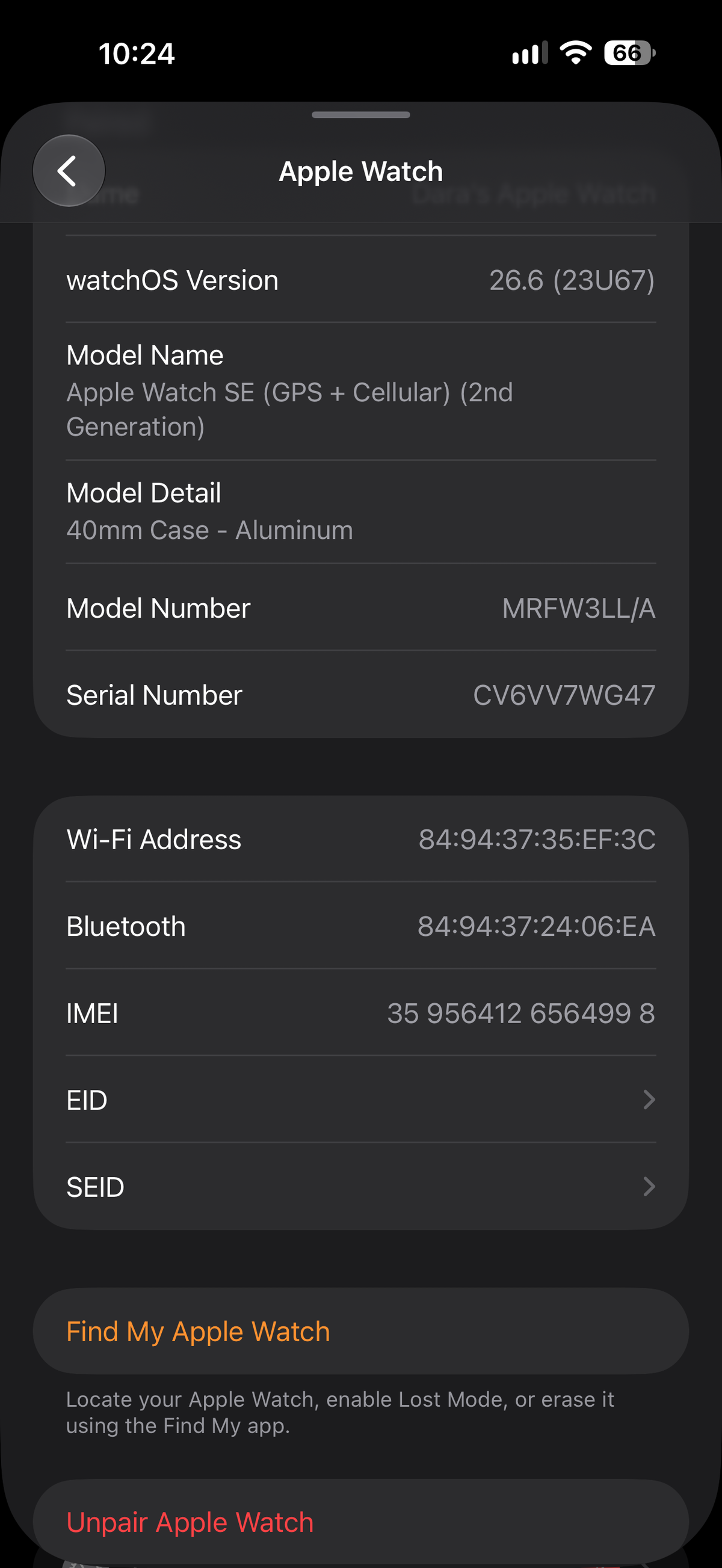 Apple Watch SE 2nd Gen MRFW3LL/A model information screen