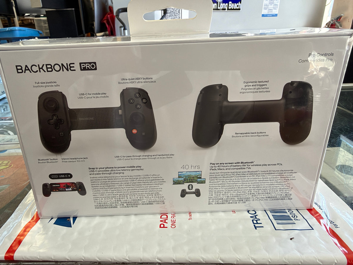 Backbone Pro mobile gaming controller black side view retail packaging