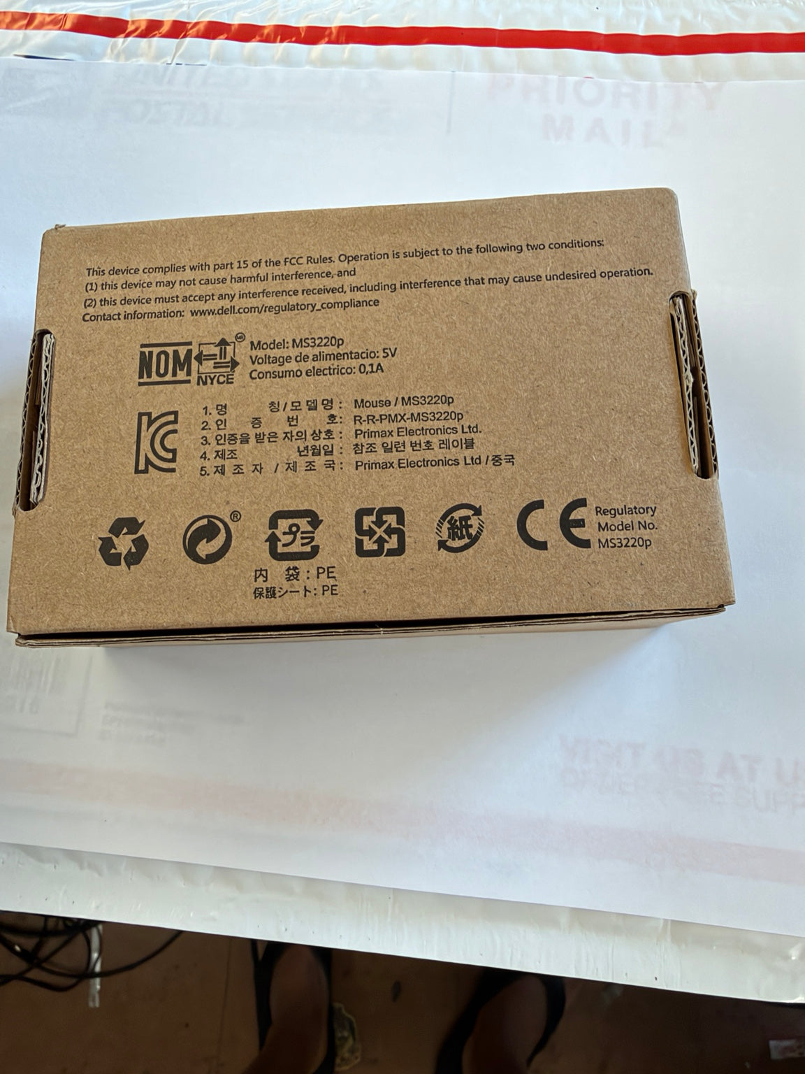Dell MS3220p wired mouse original box regulatory label