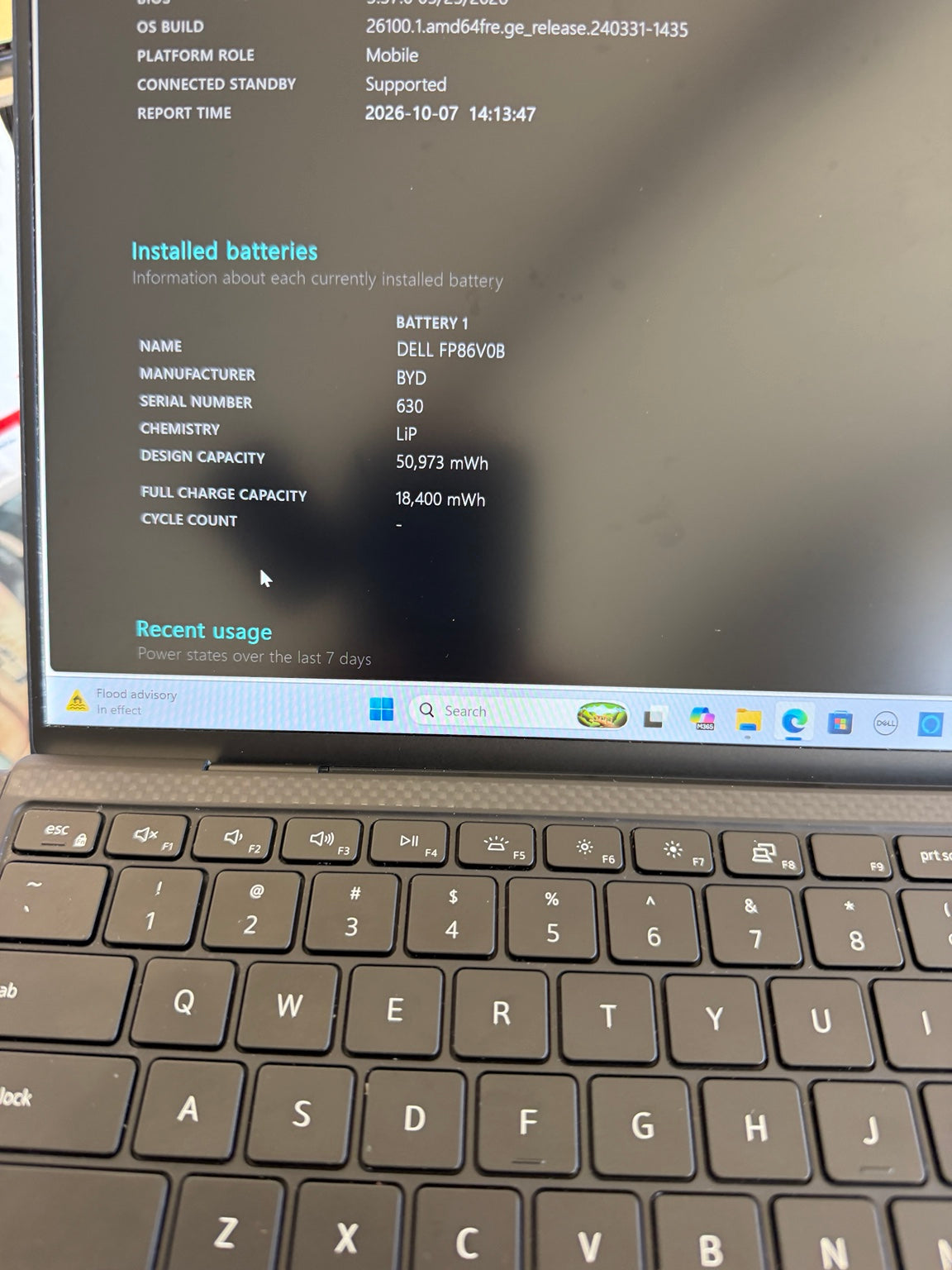 Dell XPS 13 9310 battery report showing current battery capacity