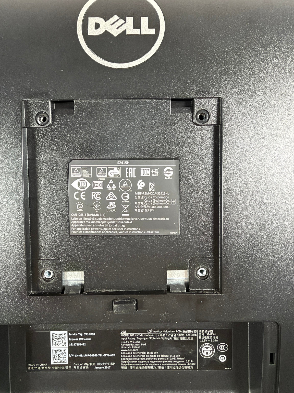 Dell S2415H monitor rear identification label showing model number