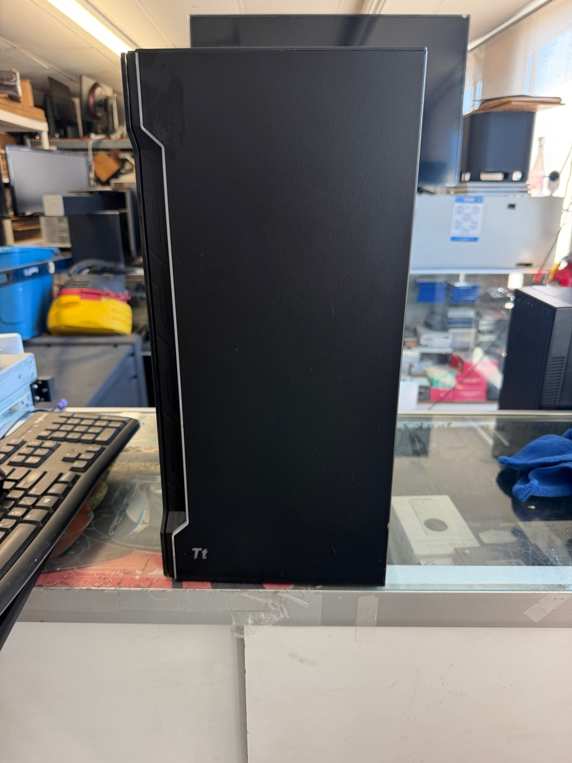 Custom gaming desktop PC black Thermaltake tower case front view