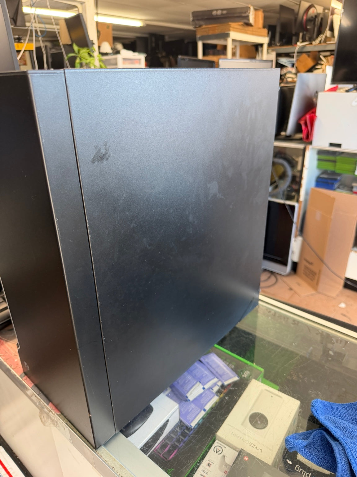 Custom gaming desktop black metal side panel with normal cosmetic wear