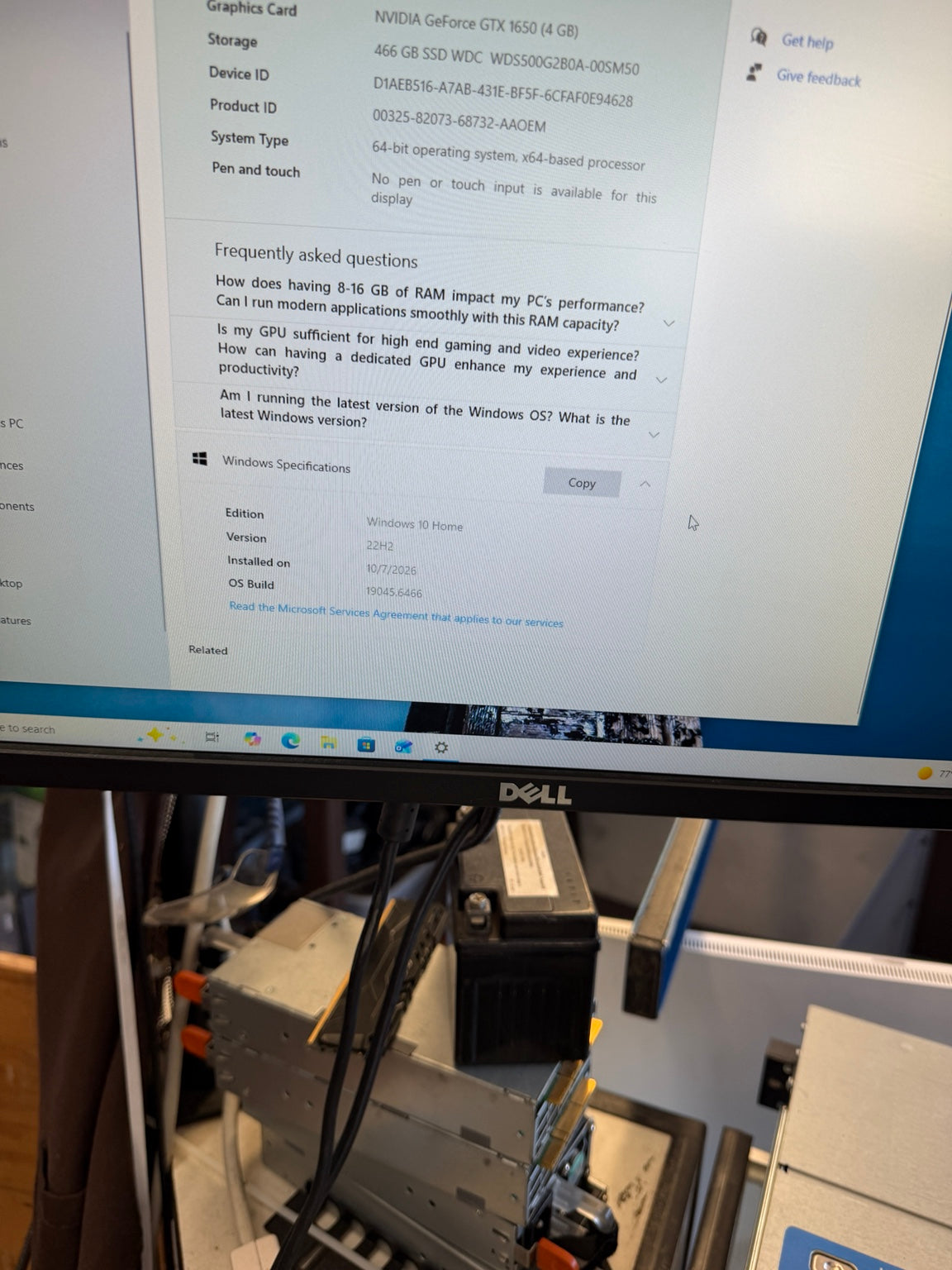 Custom gaming PC Windows 10 Home system information and 64-bit operating system