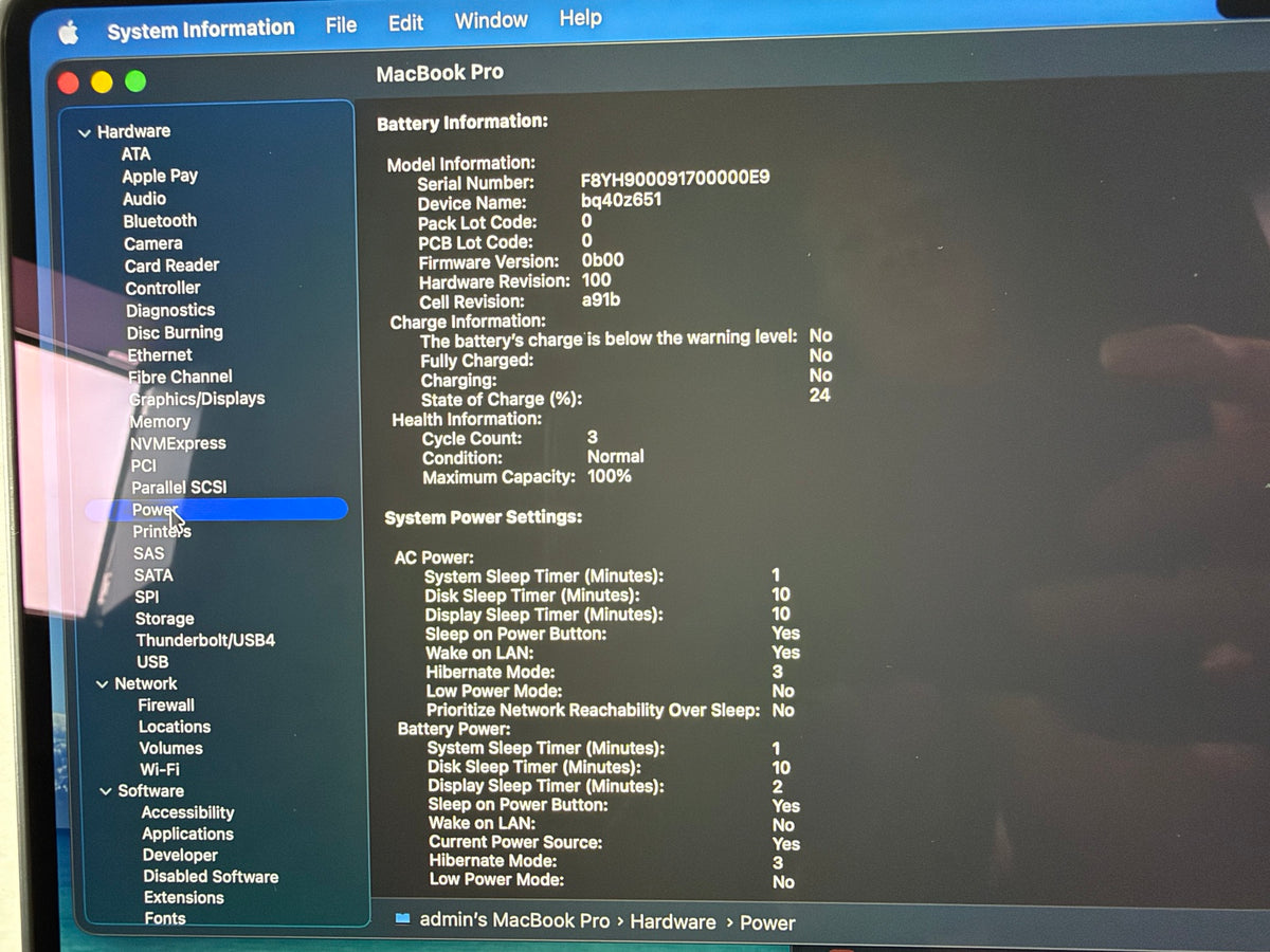 Apple MacBook Pro M3 Pro battery health 100 percent with 3 charge cycles