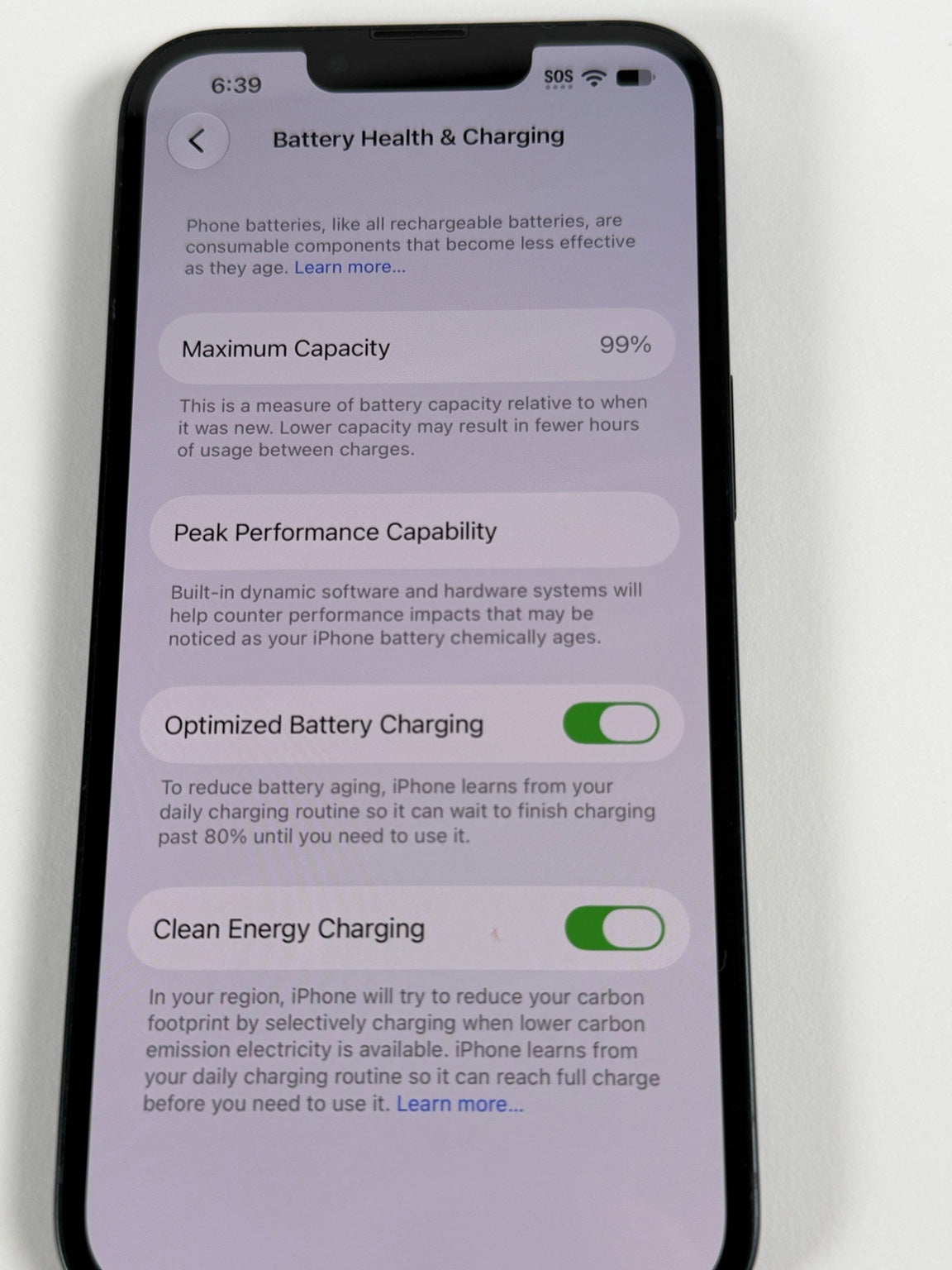 Apple iPhone 13 showing 99 percent maximum battery capacity