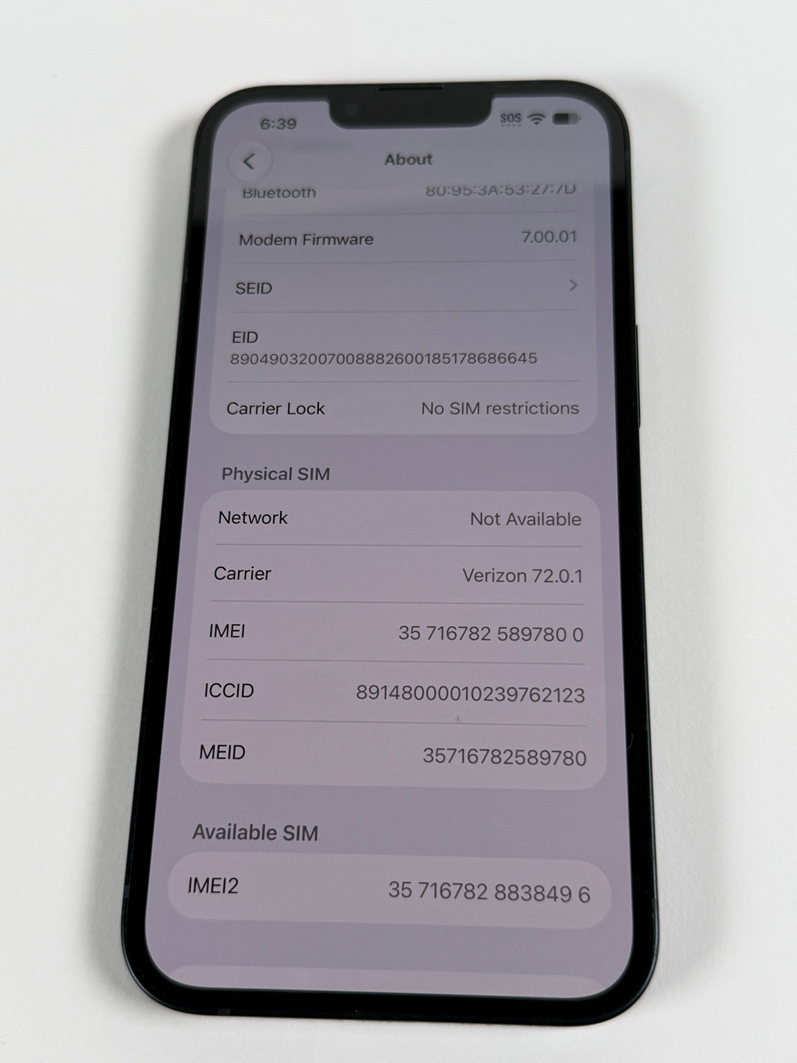 Apple iPhone 13 carrier lock settings showing no SIM restrictions