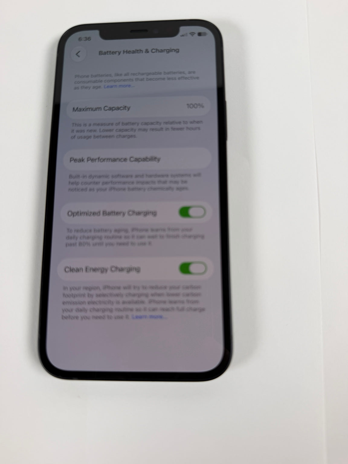 Apple iPhone 12 Black showing 100 percent battery health