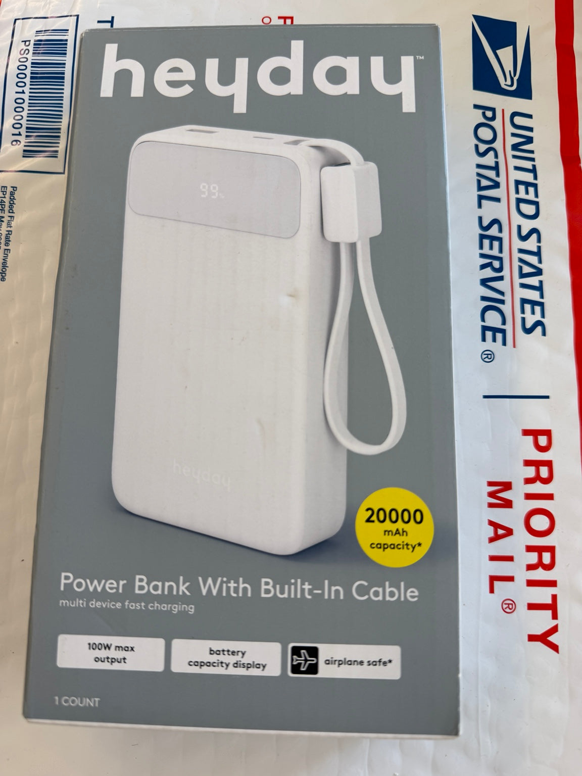 Heyday 20000mAh white portable power bank with built-in USB-C cable and digital battery display
