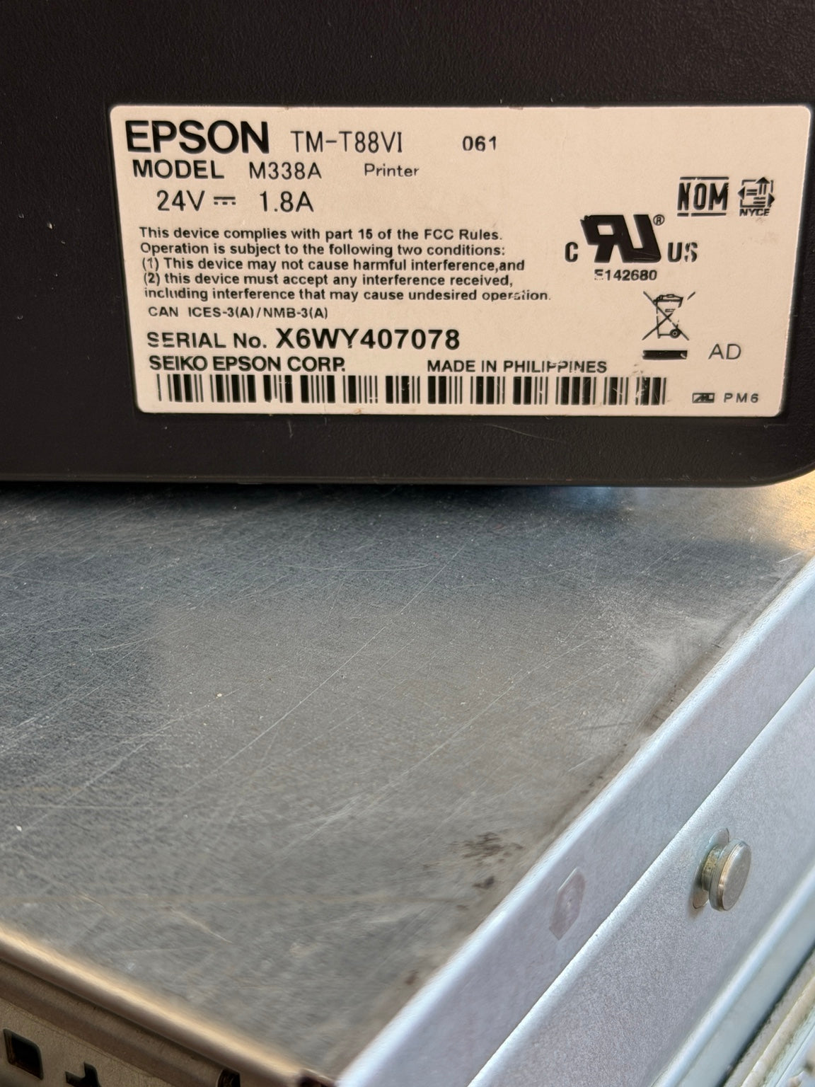 Epson TM-T88VI M338A receipt printer identification label
