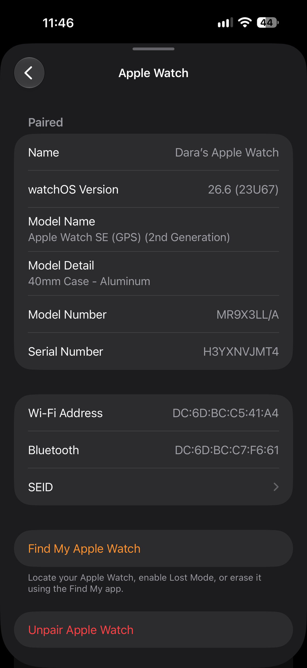 Apple Watch SE 2nd Gen 40mm GPS Midnight Aluminum – 100% Battery Health