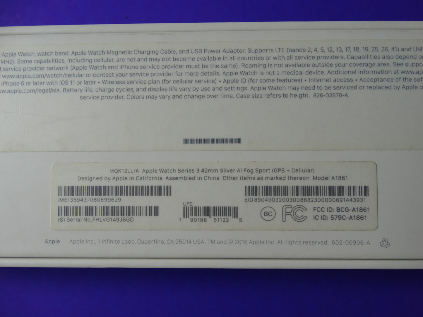 Apple Watch Series 3 (42mm, GPS + Cellular) – Silver Aluminum with Fog Sport Band