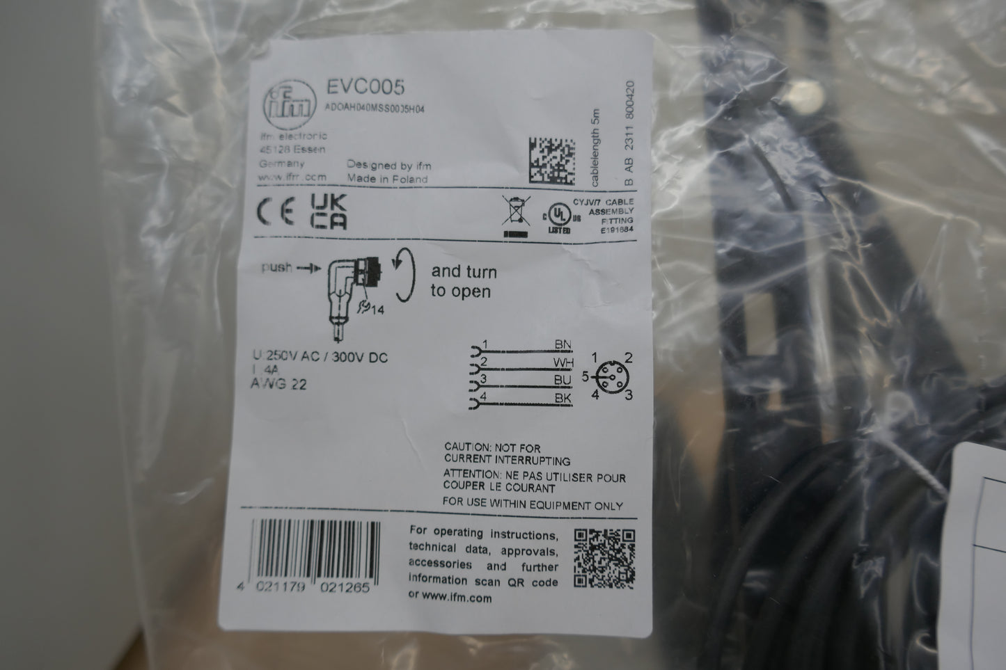Ifm EVC005 Female 5-Pin Cordset Receptacle Industrial Connector