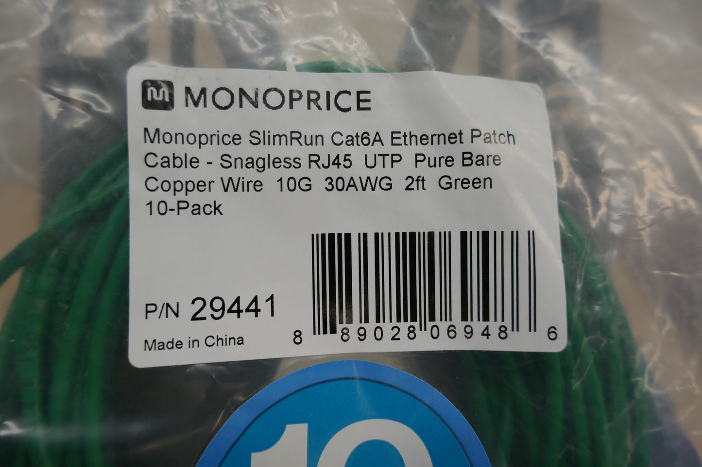 Monoprice Cat6A SlimRun 2ft Ethernet Cables (10-Pack, Green) – 10Gbps, UTP, 30AWG Bare Copper