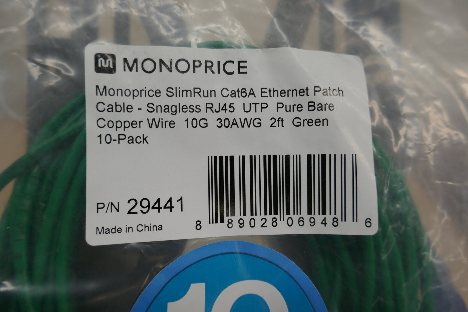 Monoprice Cat6A SlimRun 2ft Ethernet Cables (10-Pack, Green) – 10Gbps, UTP, 30AWG Bare Copper - WeBuyElectronic